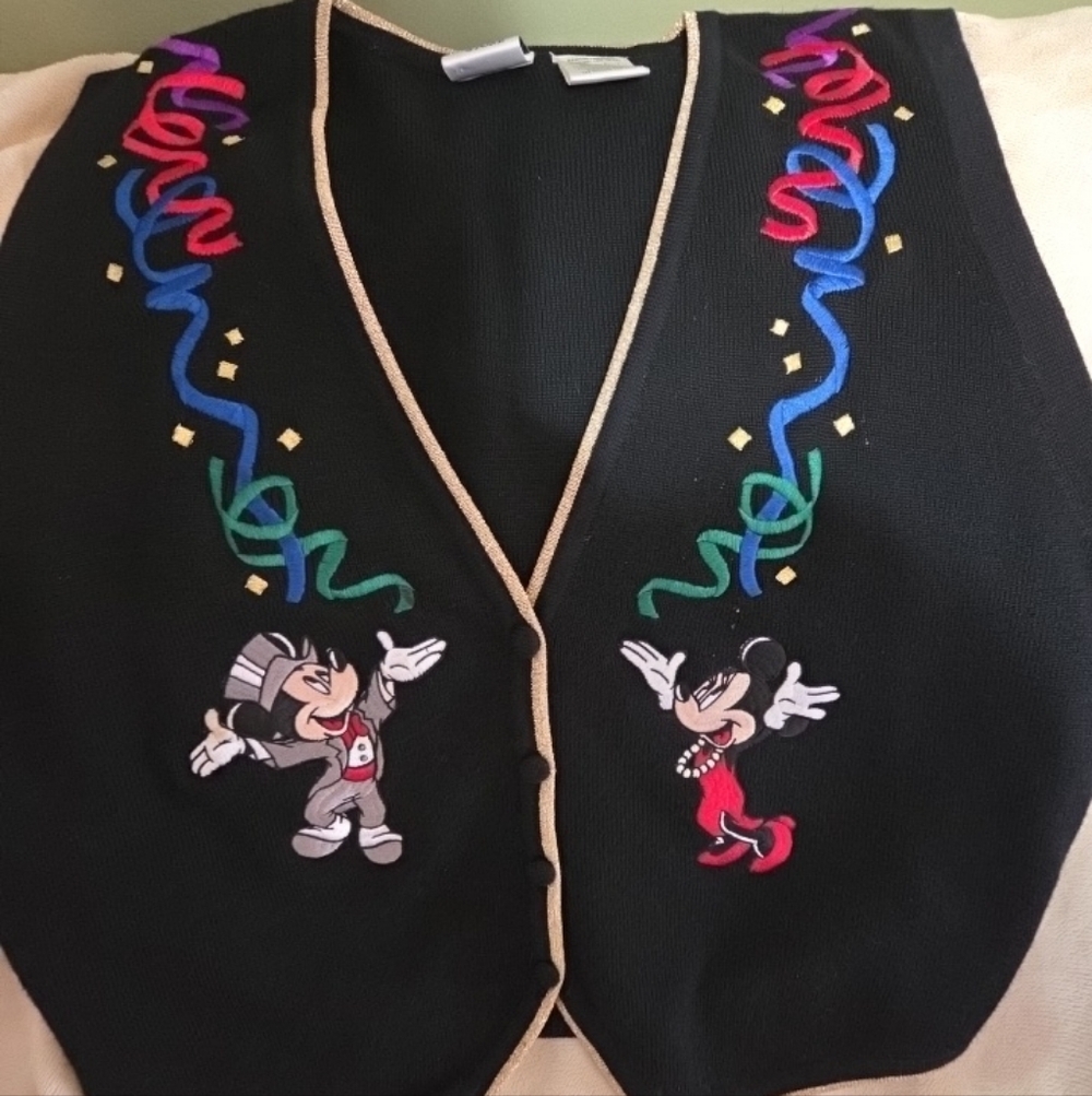 Vintage Disney Store Mickey Minnie Embroidered Vest Womens M Black 90s